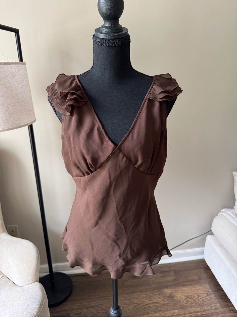 Tailor B. Moss Brown Ruffled V-Neck Satin Blouse